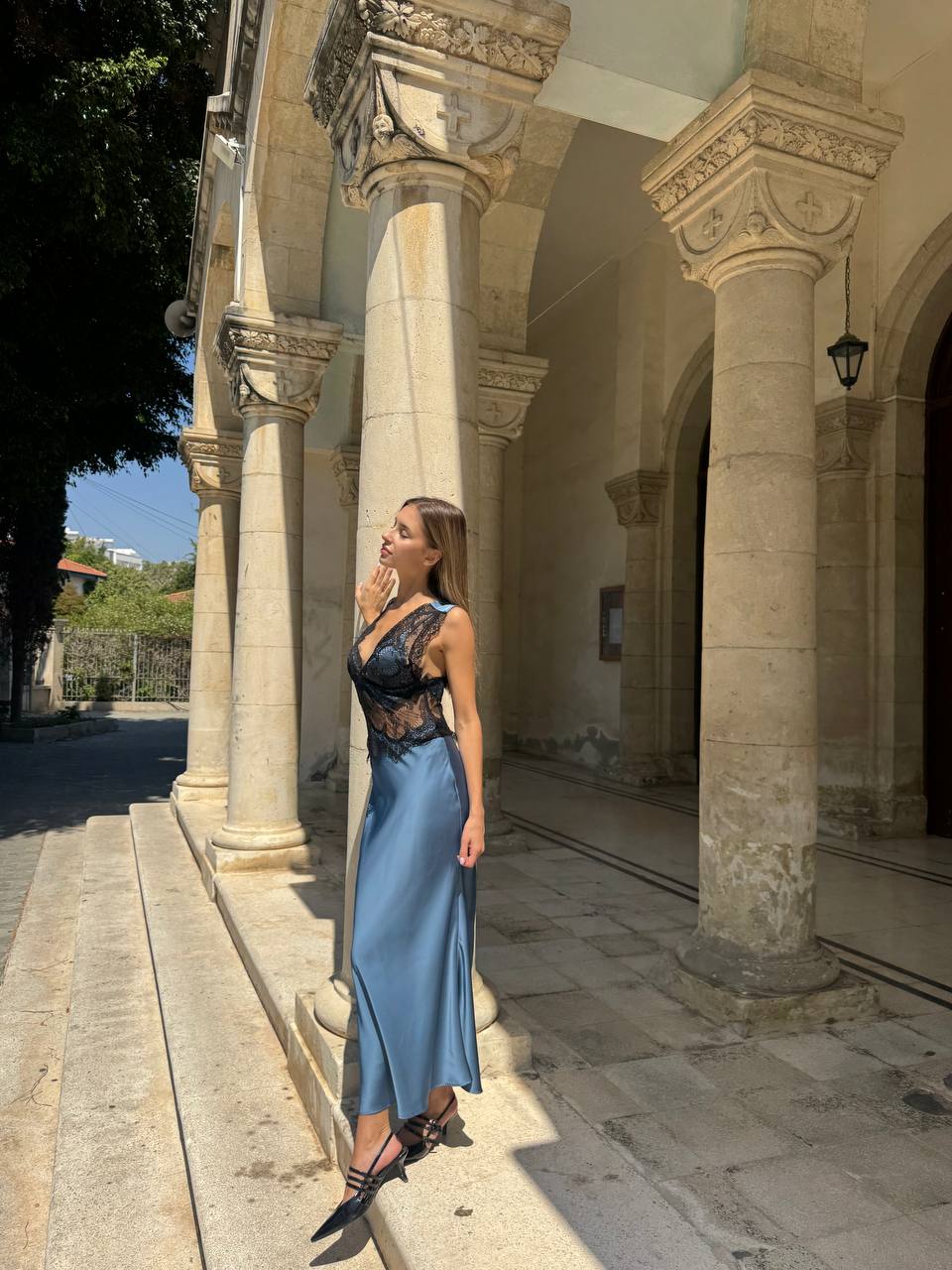 Blue satin midi dress