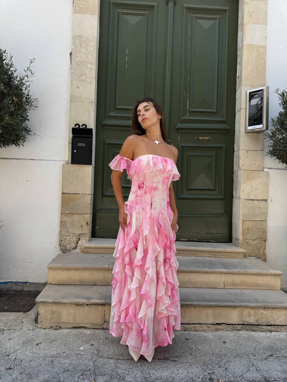 Off shoulder ruffled maxi dress