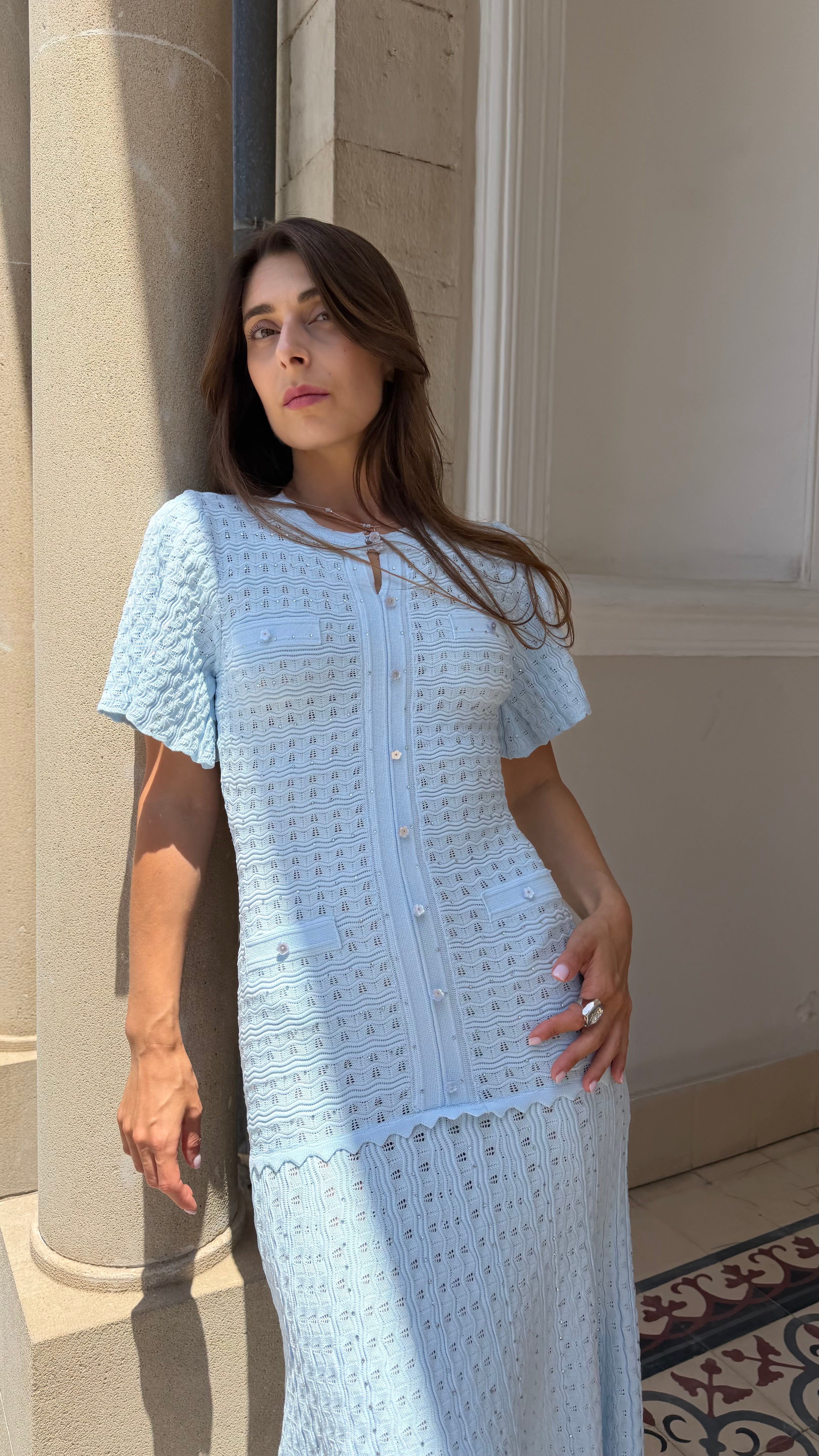 Rhinestone blue short sleeve midi dress