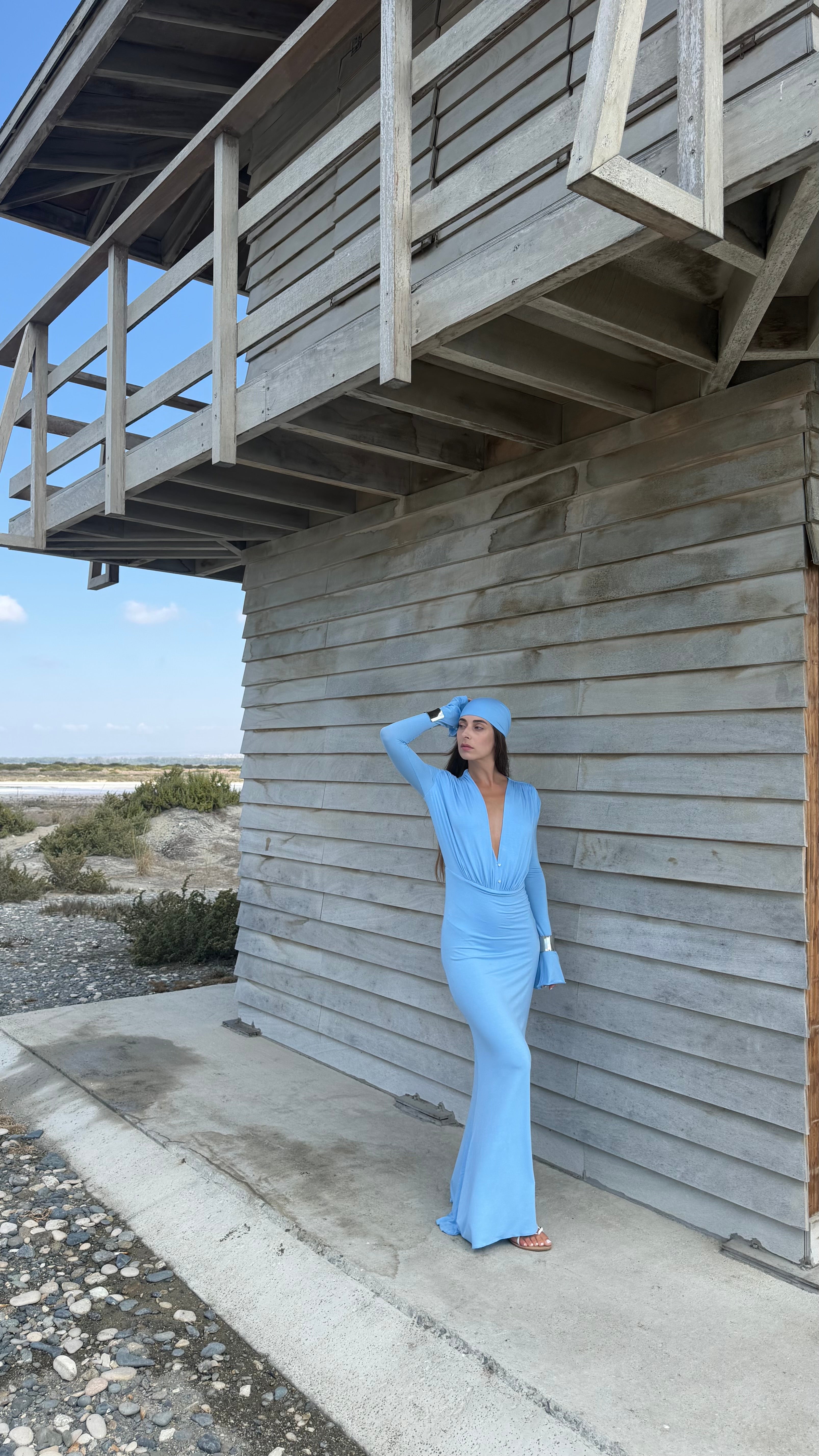Powder Blue Maxi Dress with Headscarf