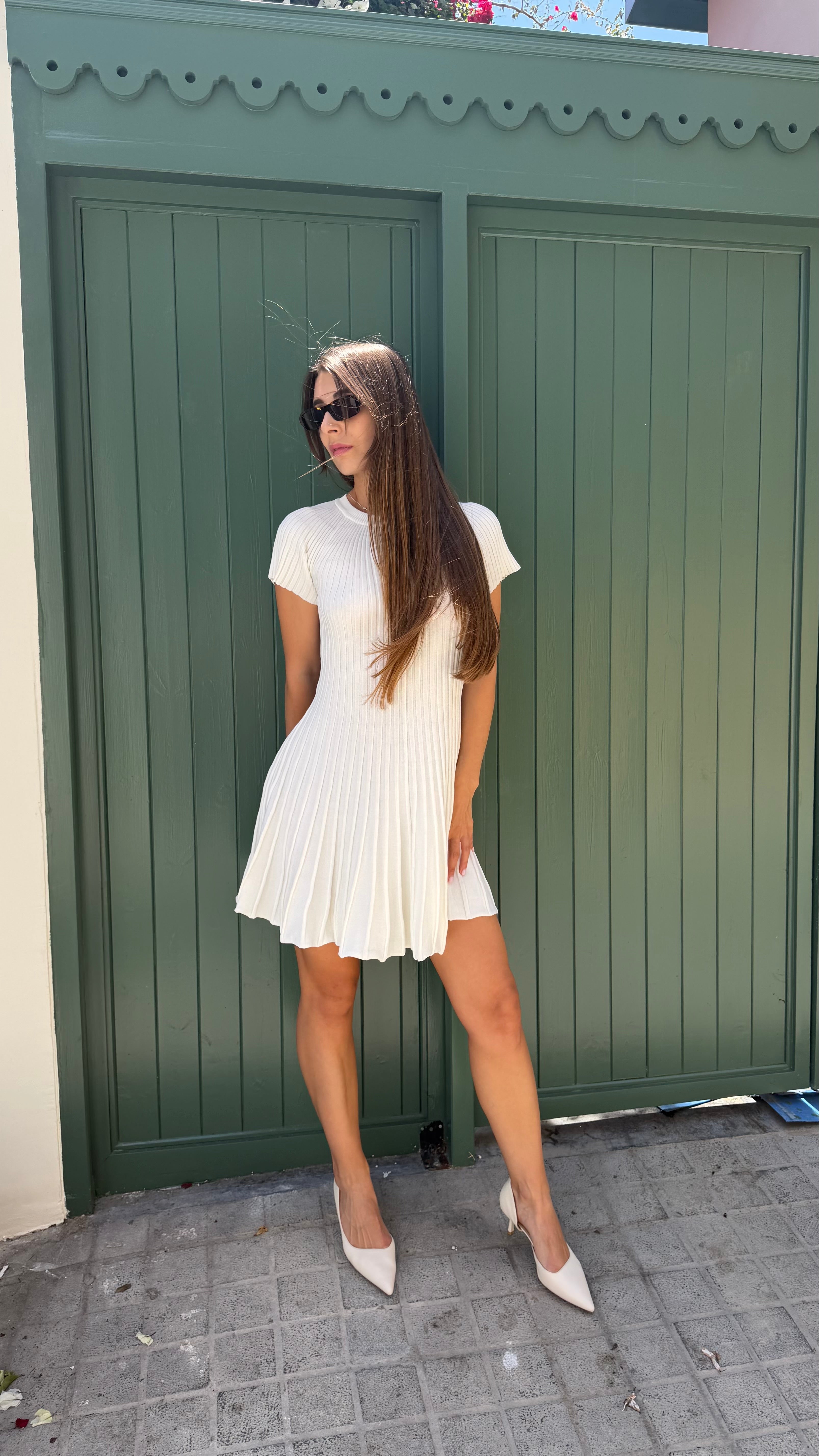 White Ribbed Knit Flared Mini Dress