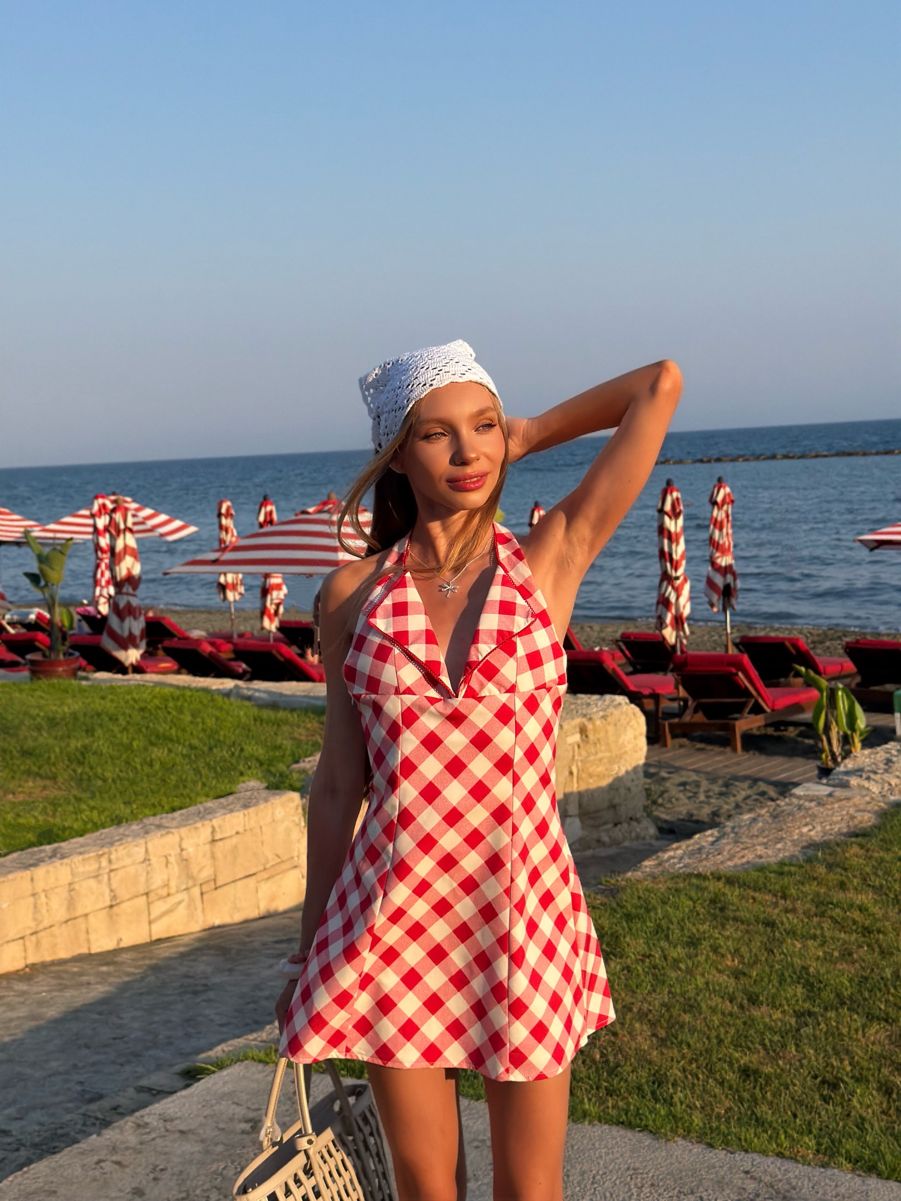 Red Gingham Halter Mini Dress