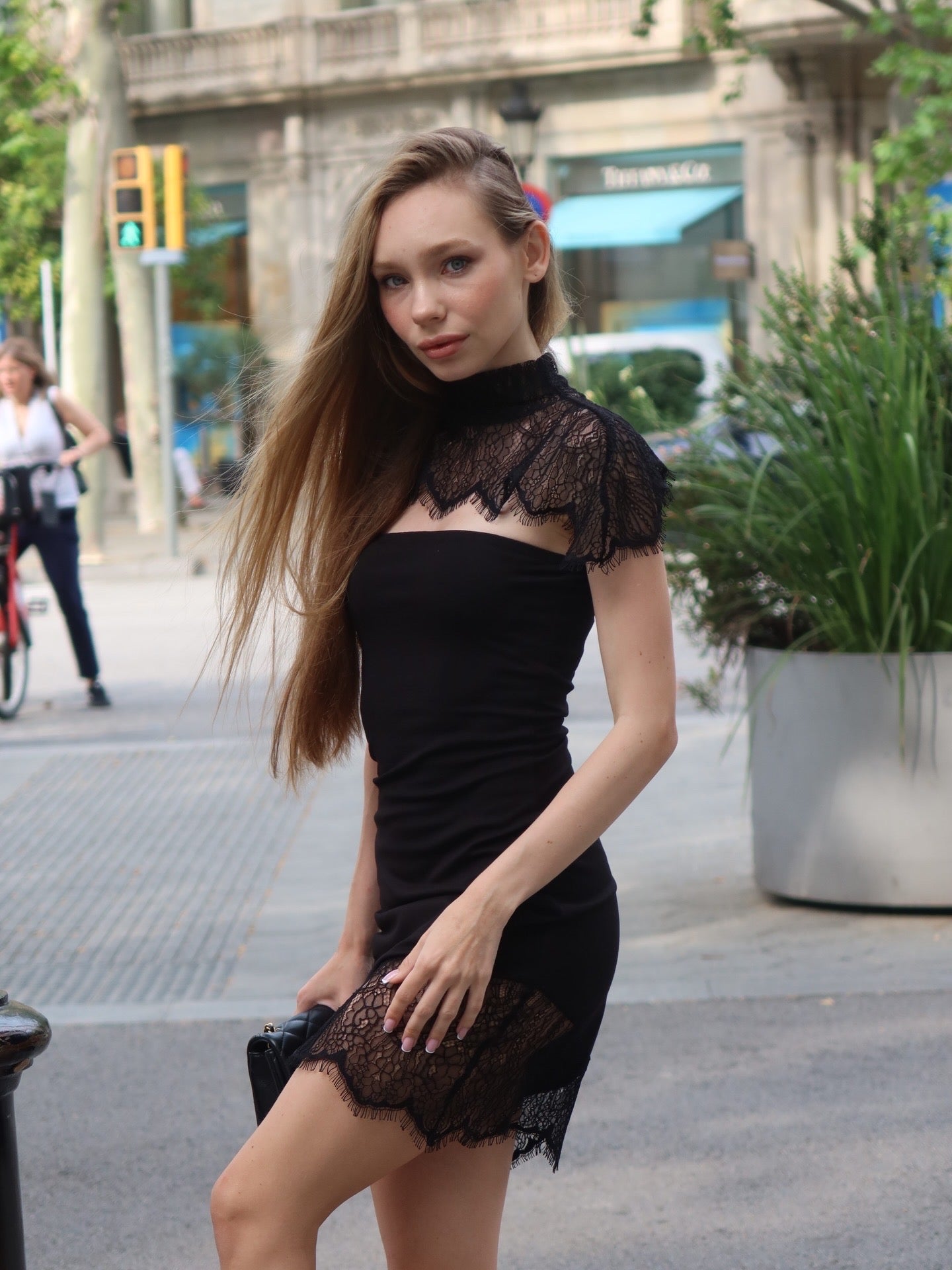 Black lace mini dress with overlay