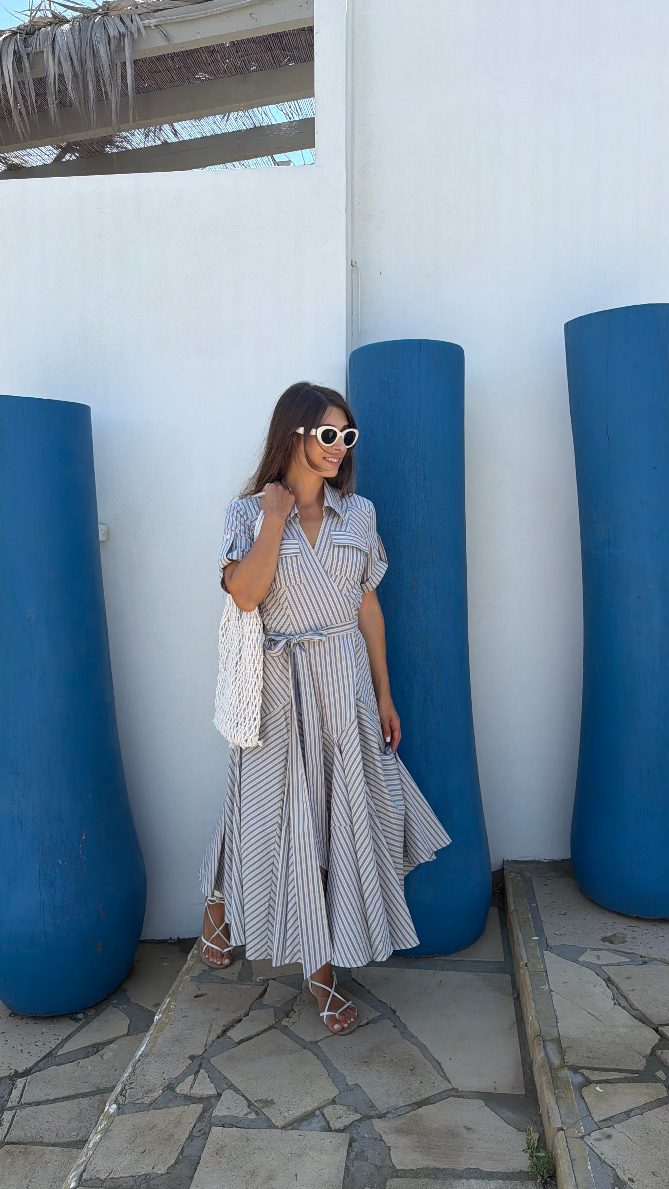 Blue and White Striped Wrap Maxi Dress