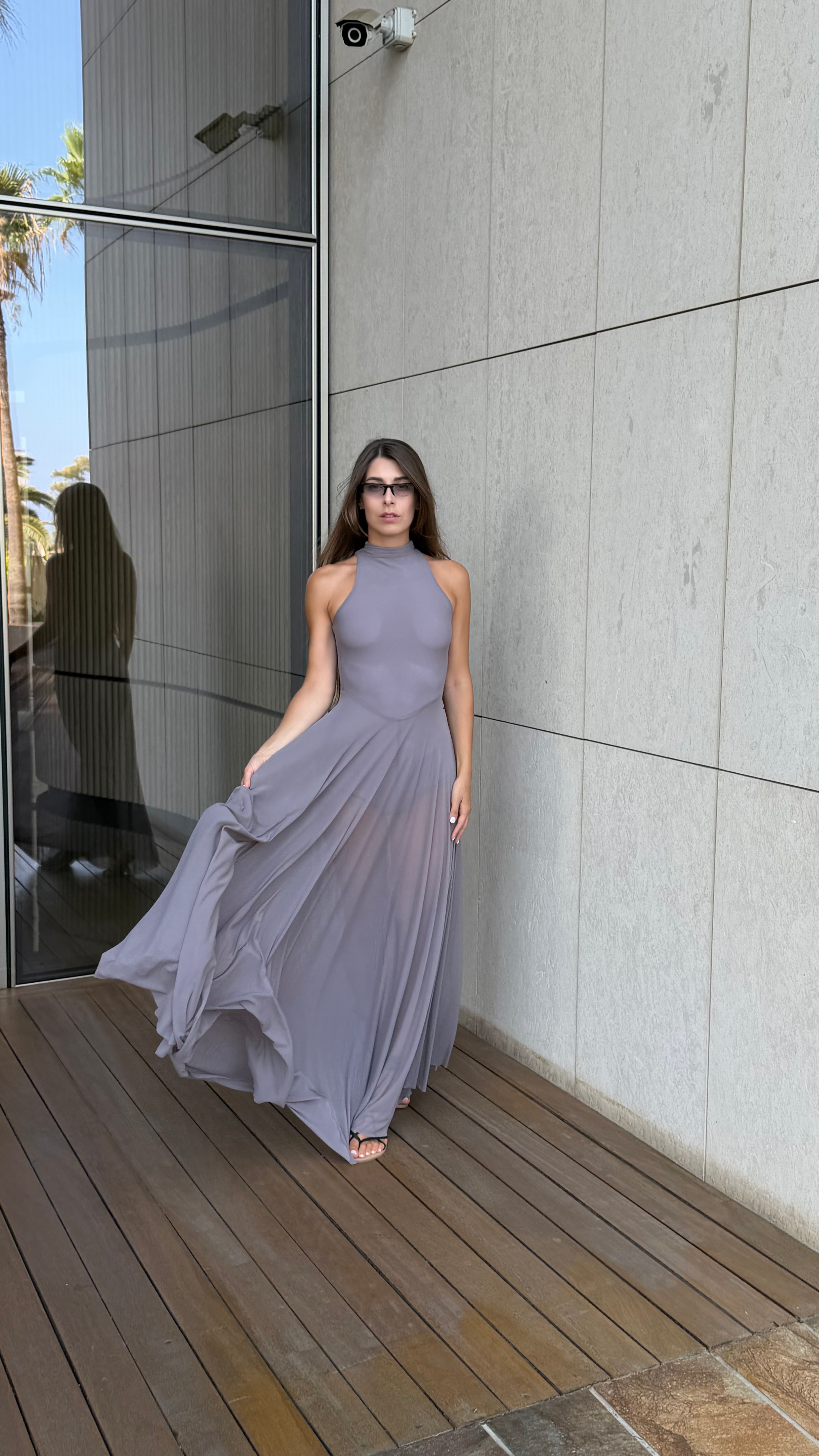 Taupe Sheer Pleated Maxi Dress