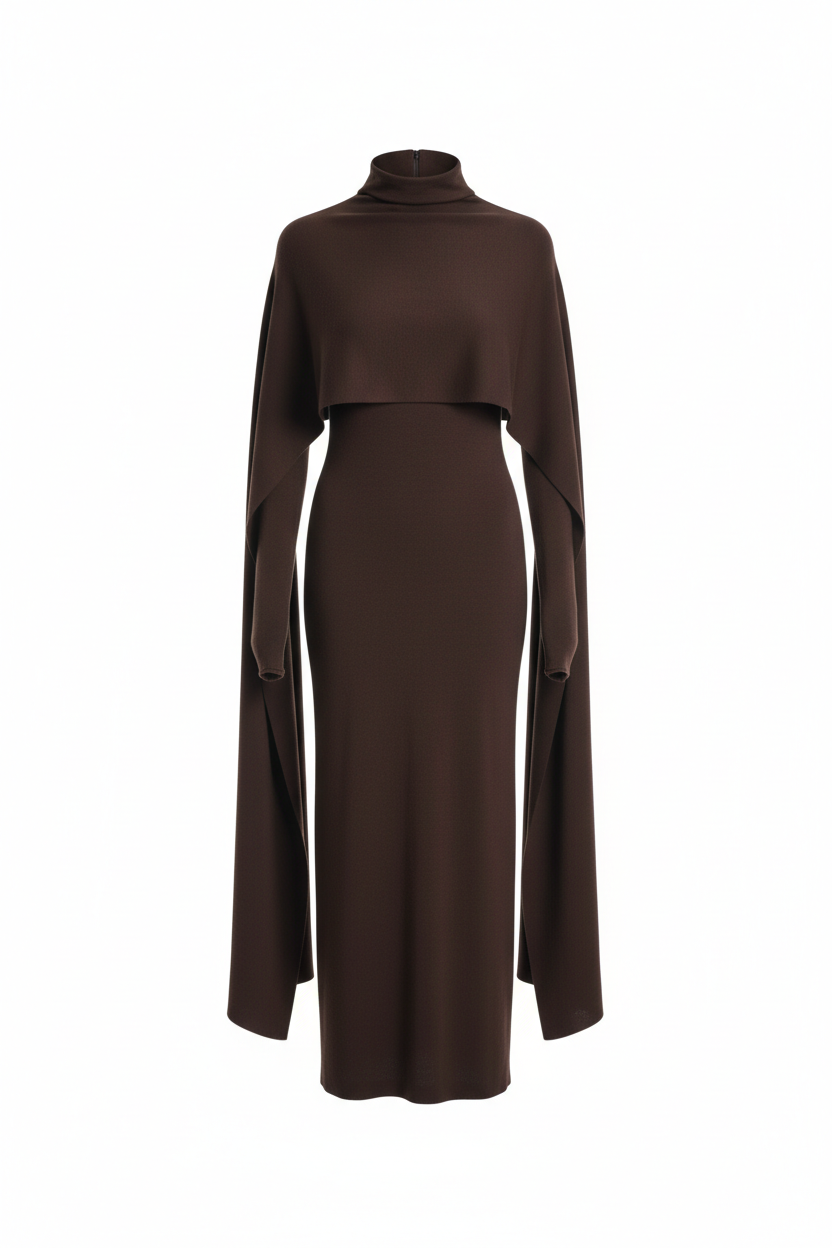 Brown knitted maxi dress with scarf and gloves
