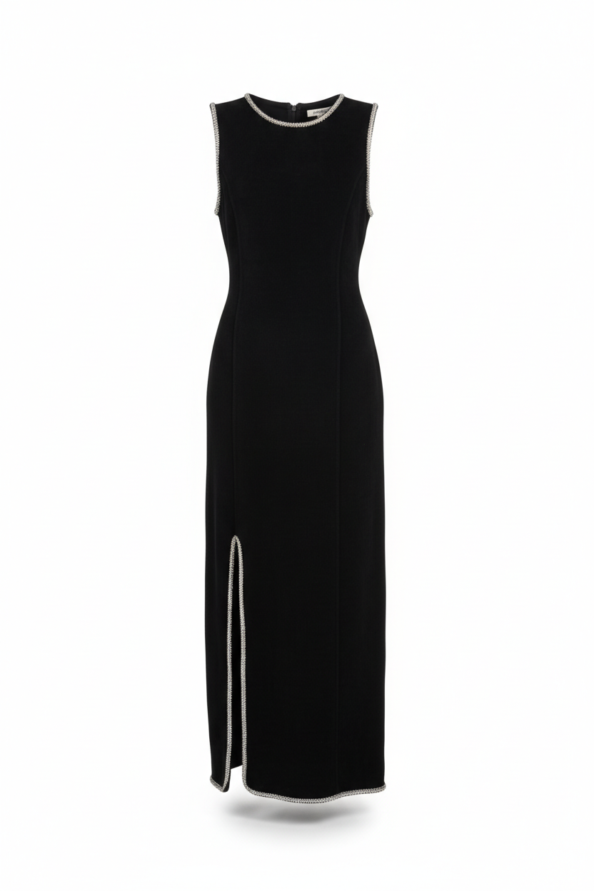Black rhinestone-slit midi dress