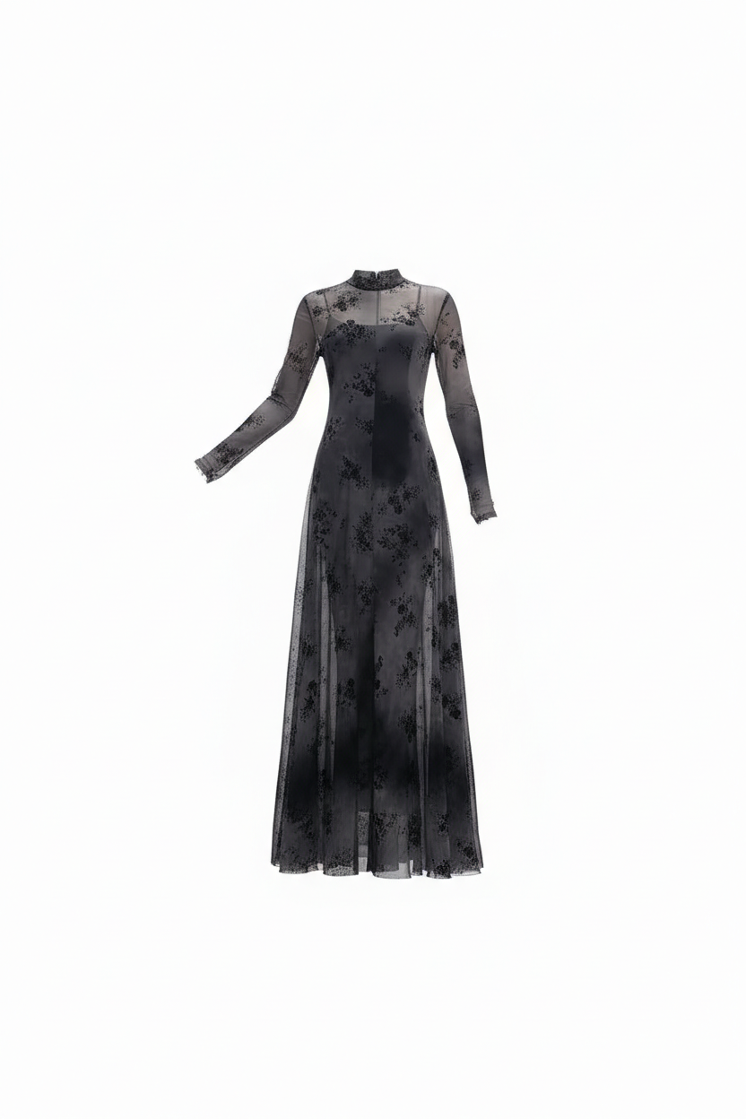 Long-sleeve sheer mesh maxi dress with a dark floral print
