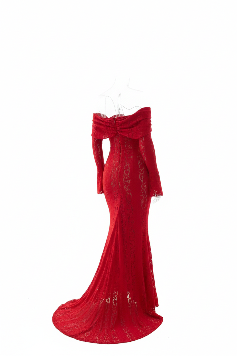 Off shoulder red lace maxi dress