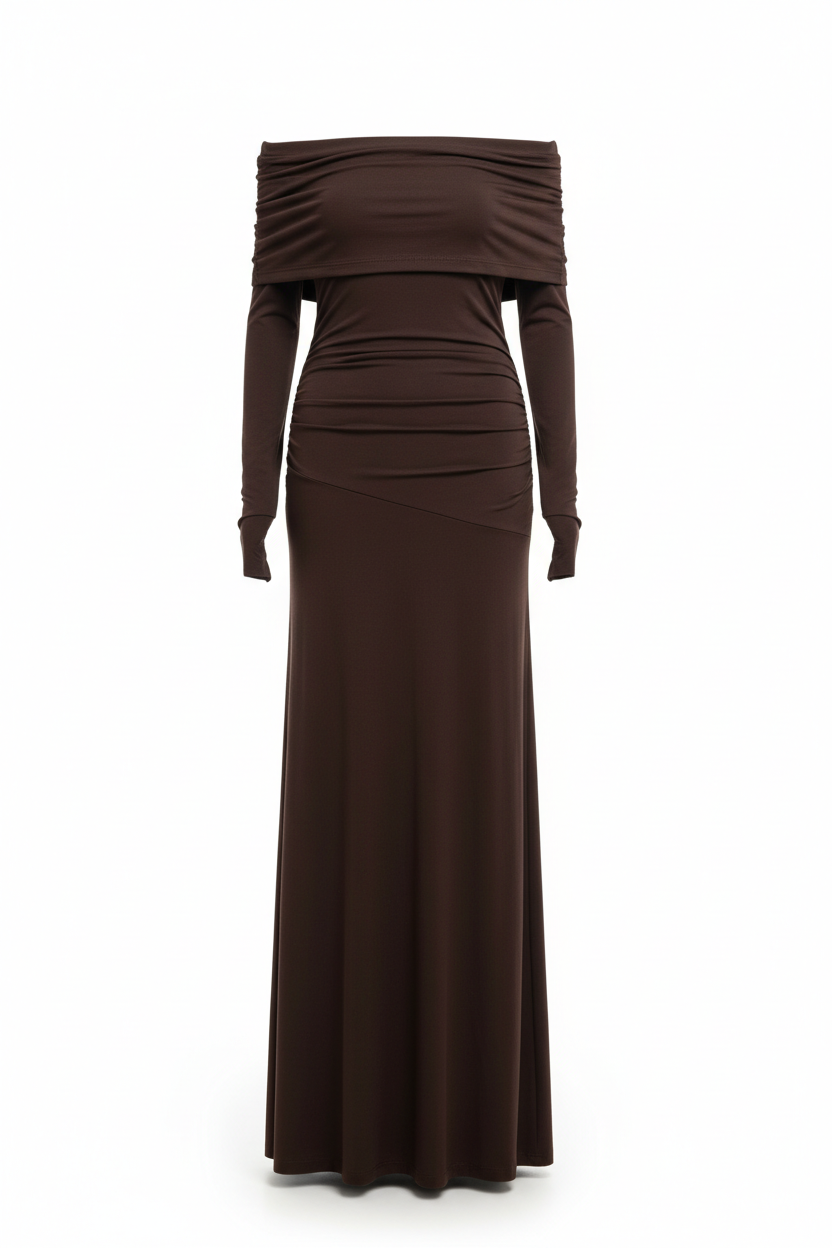 Brown maxi off shoulder cotton dress