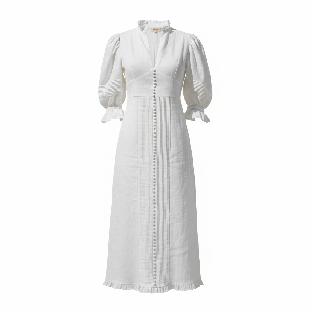 Linen midi puffy sleeves dress