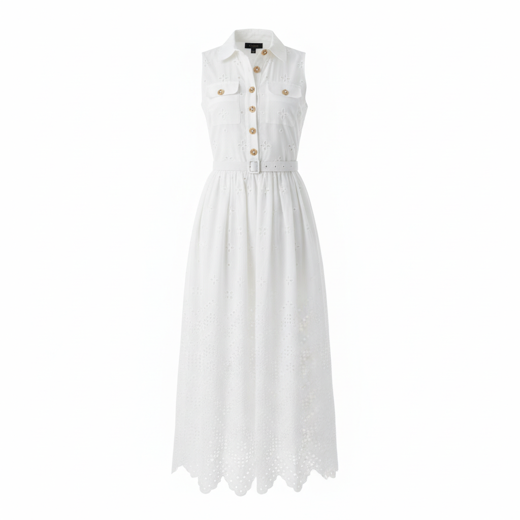 Sleeveless white cotton midi dress