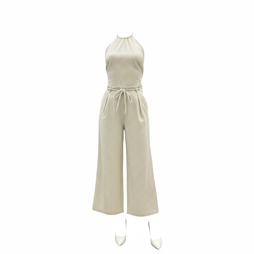 Stripped beige backless top with trousers