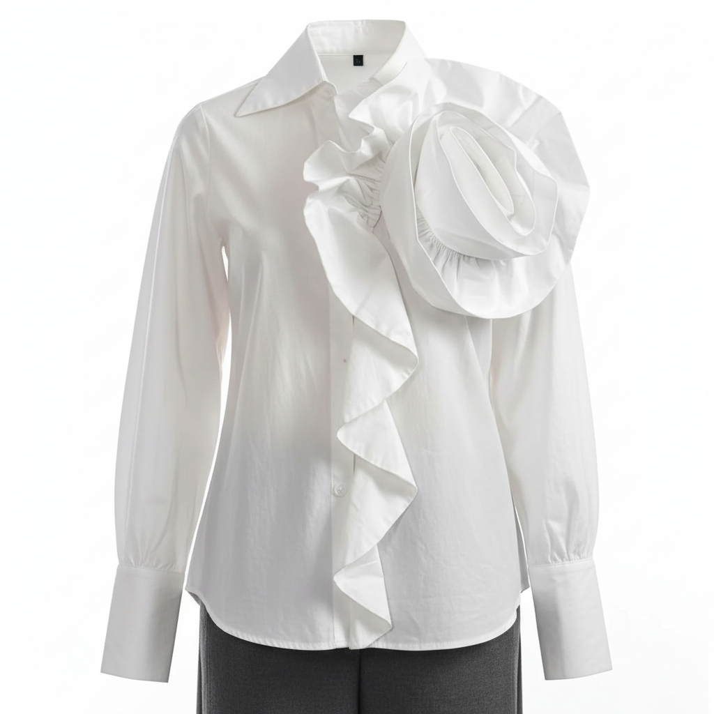 White rosette ruffle blouse