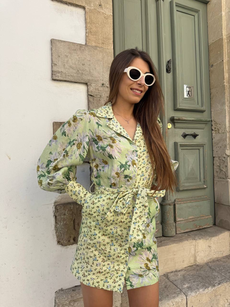 Green flower mini shirt-dress