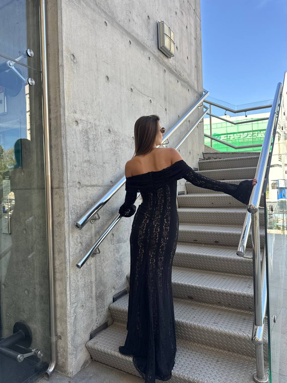 Off shoulder black lace maxi dress