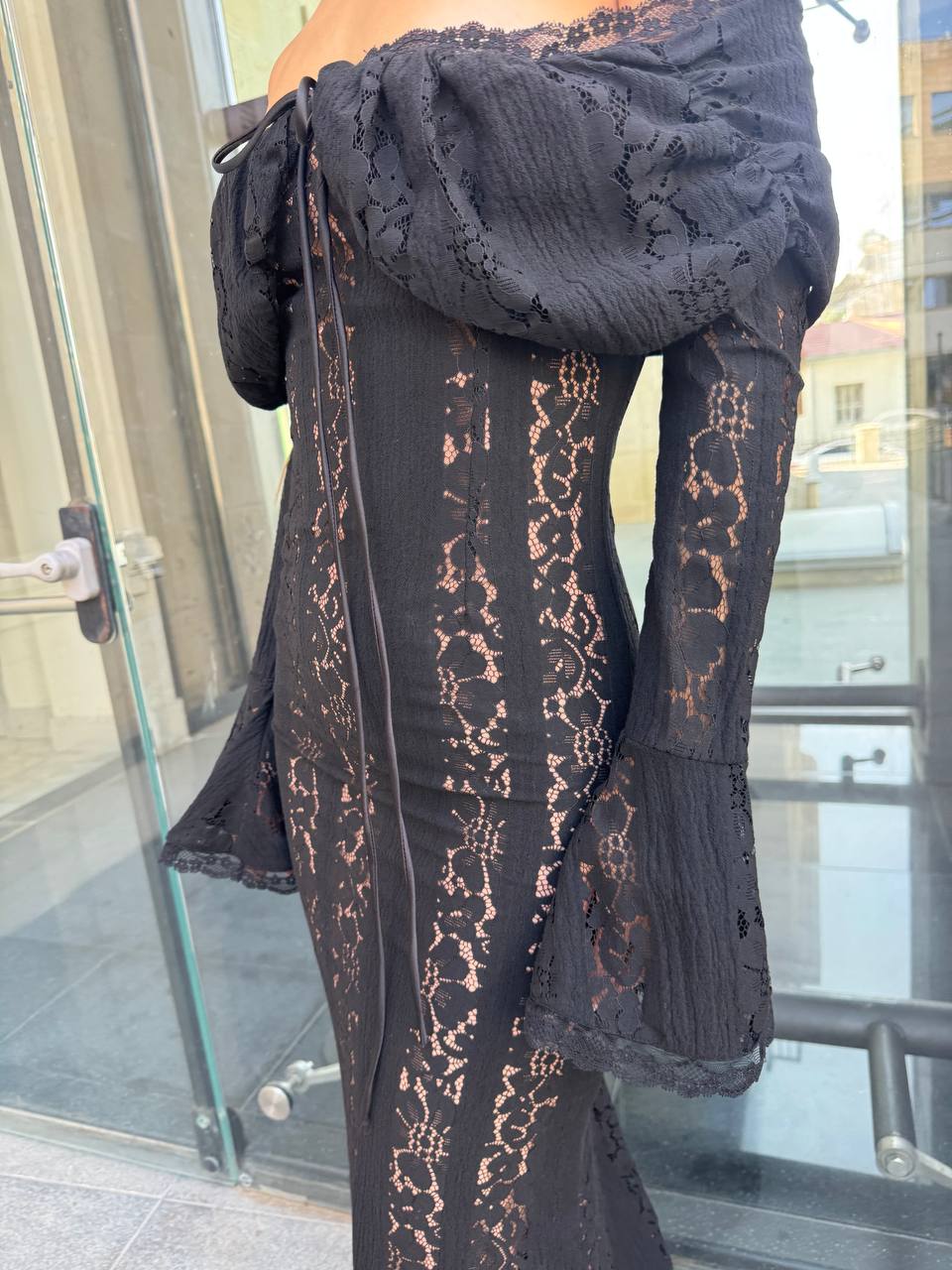 Off shoulder black lace maxi dress