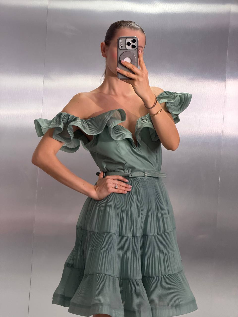Pleated frill mini dress