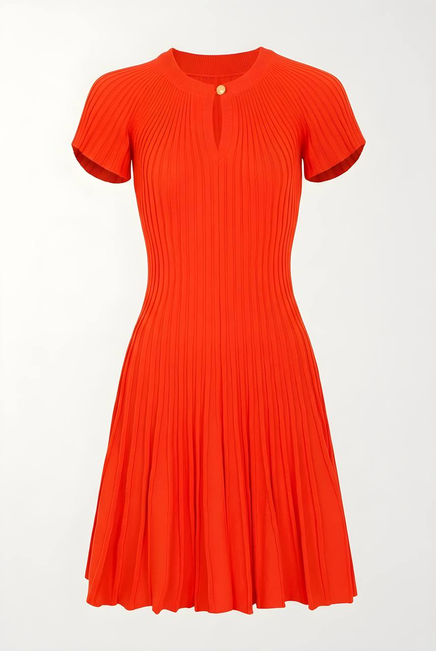 Orange Ribbed Knit Flared Mini Dress