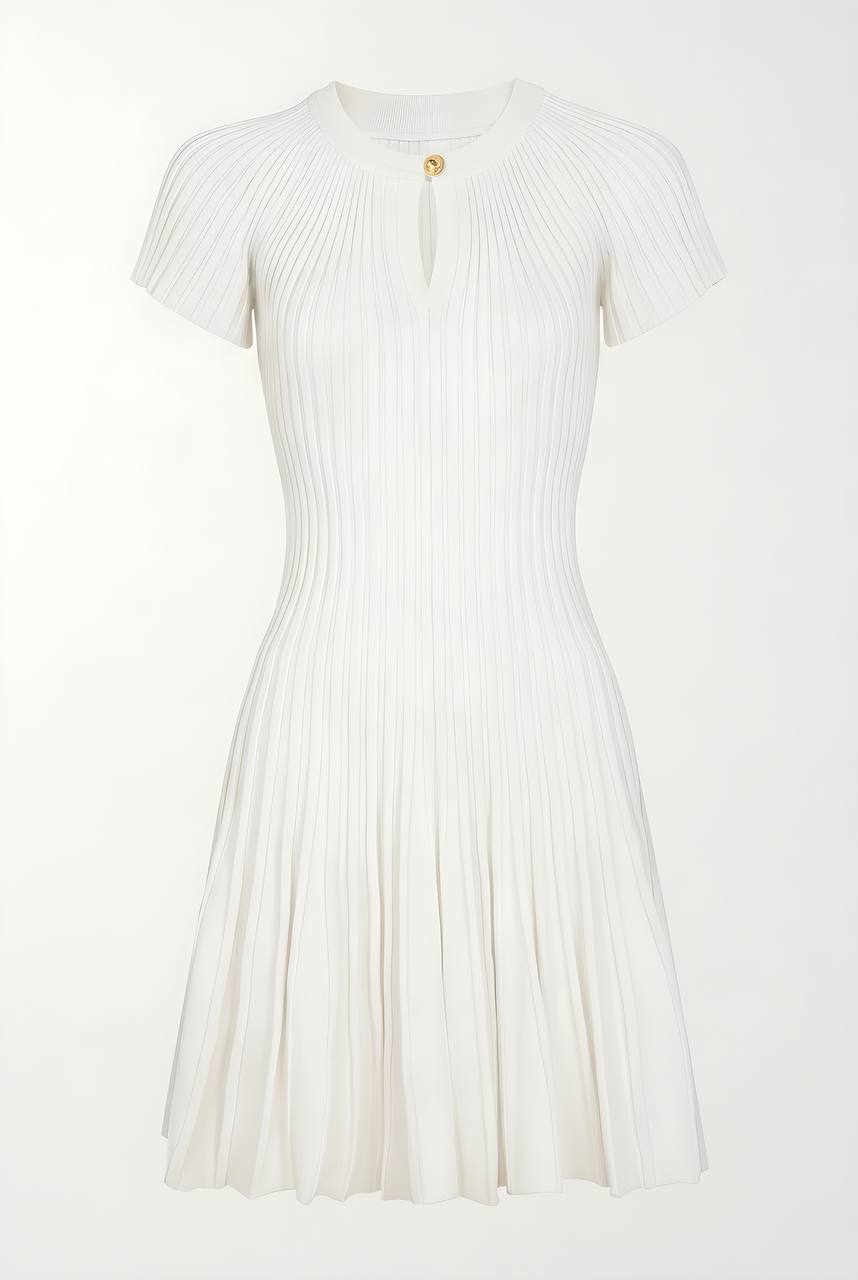 White Ribbed Knit Flared Mini Dress