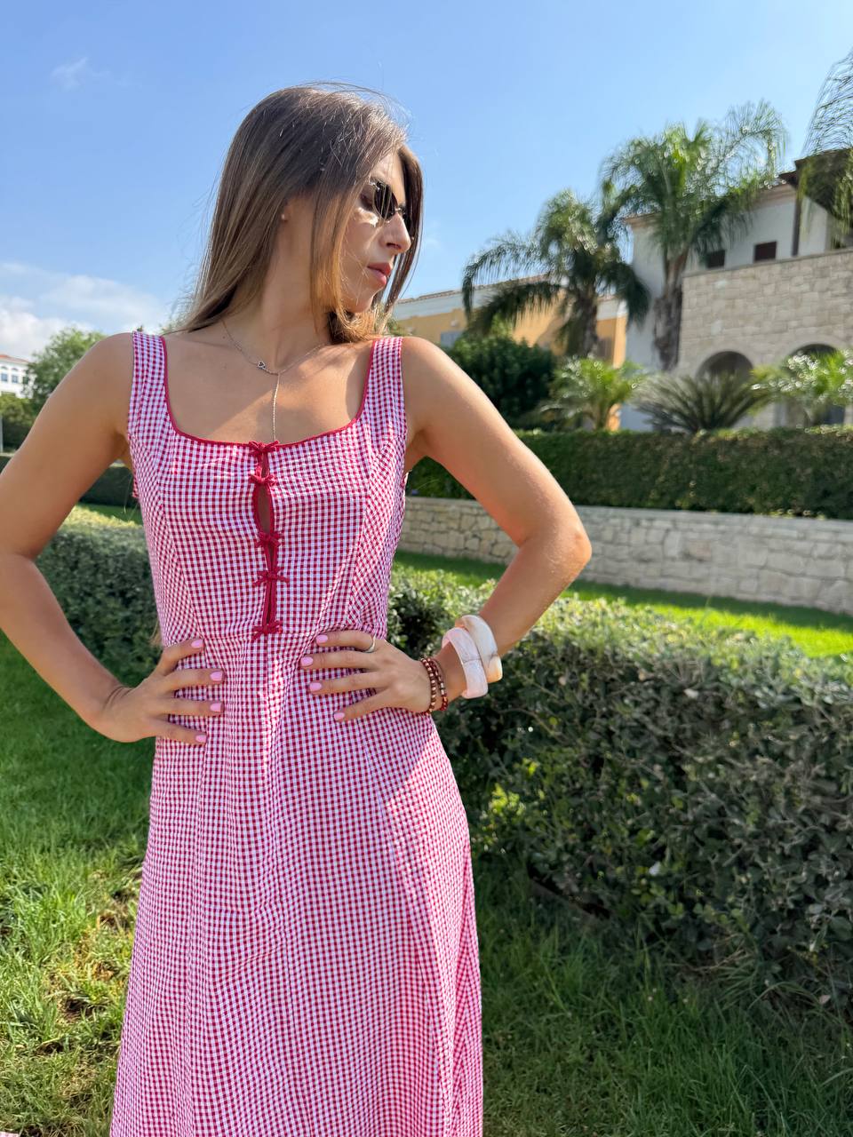 Red checkered midi dress