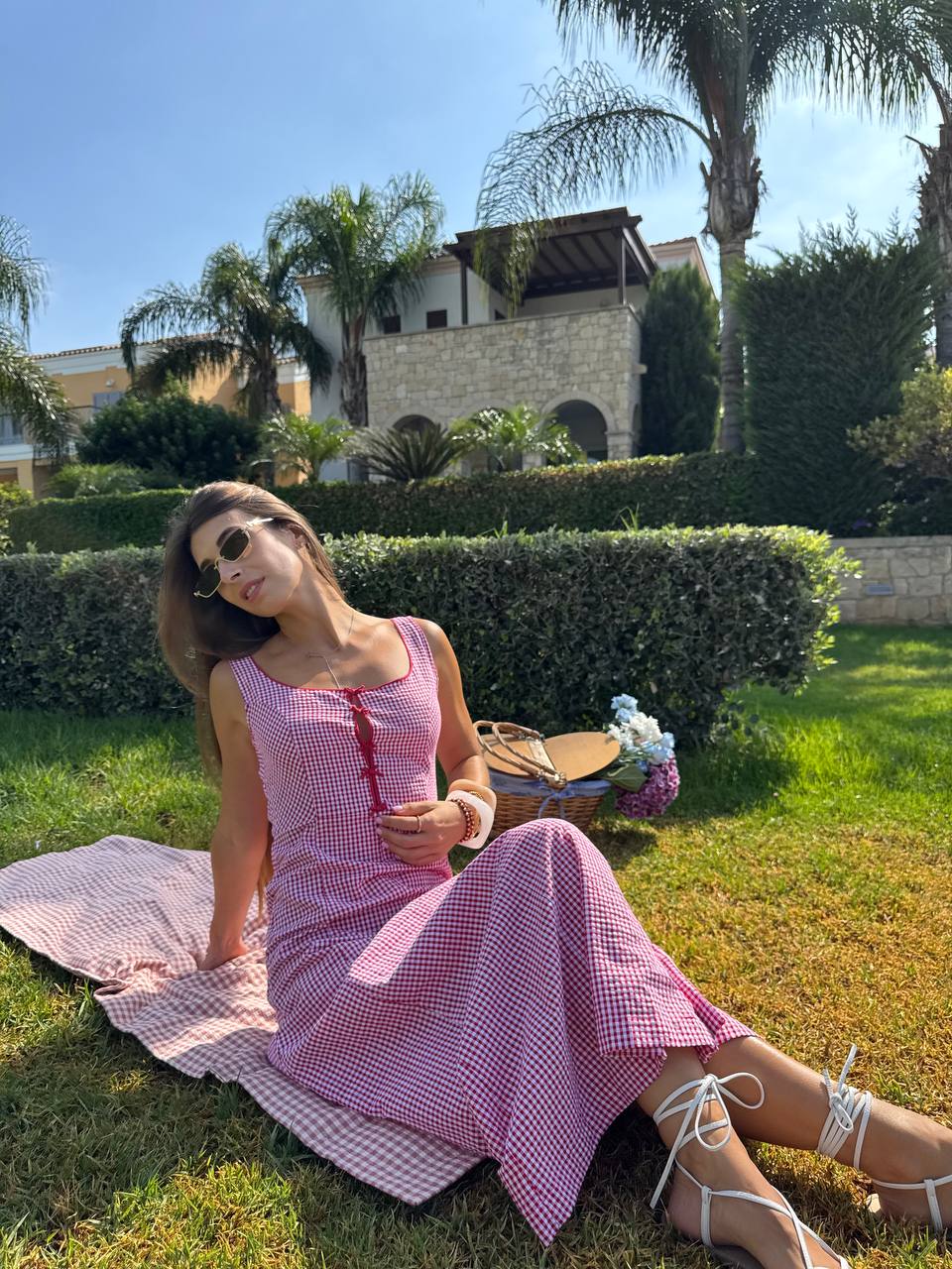 Red checkered midi dress