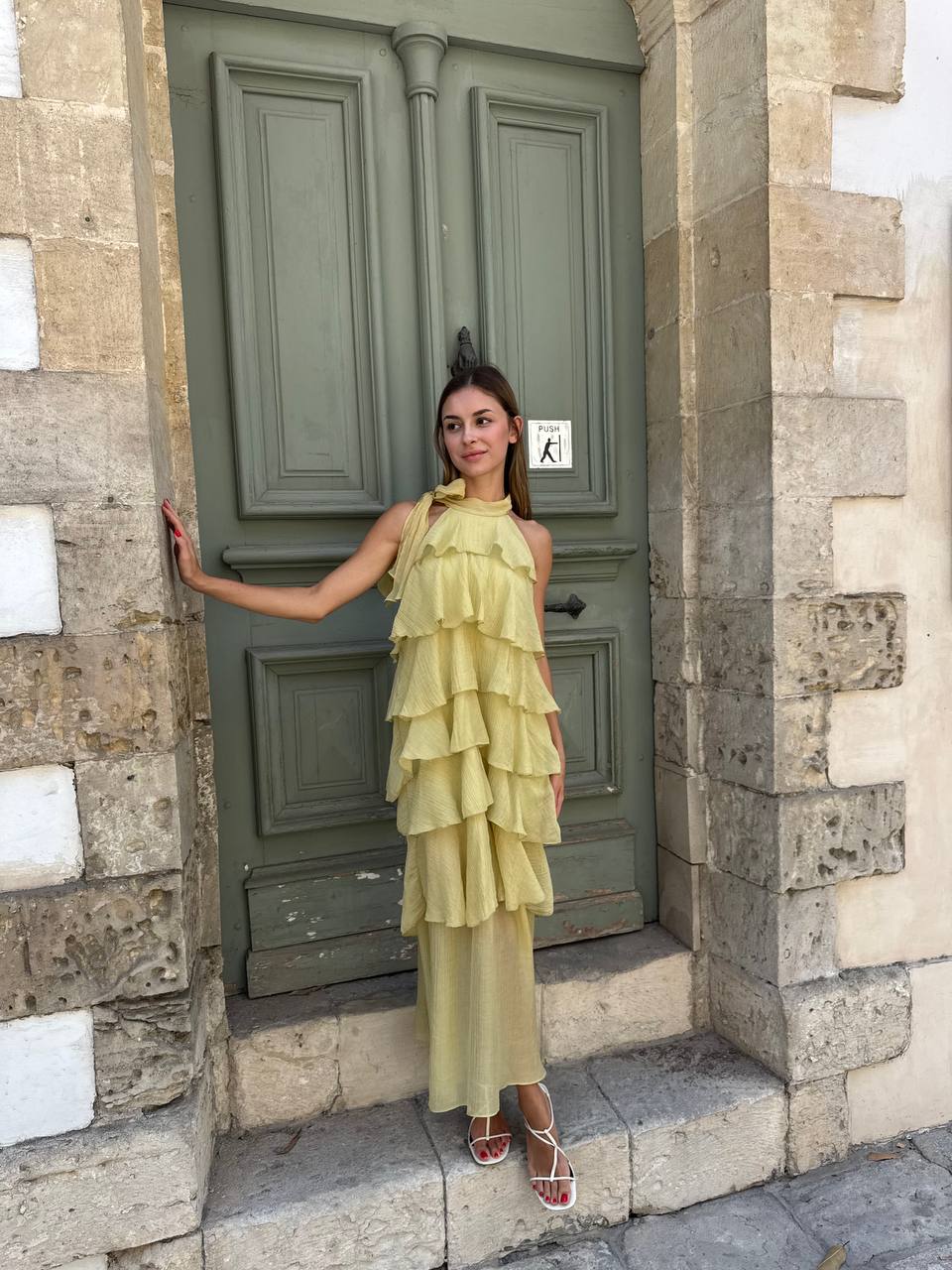 Olive ruffled midi dress