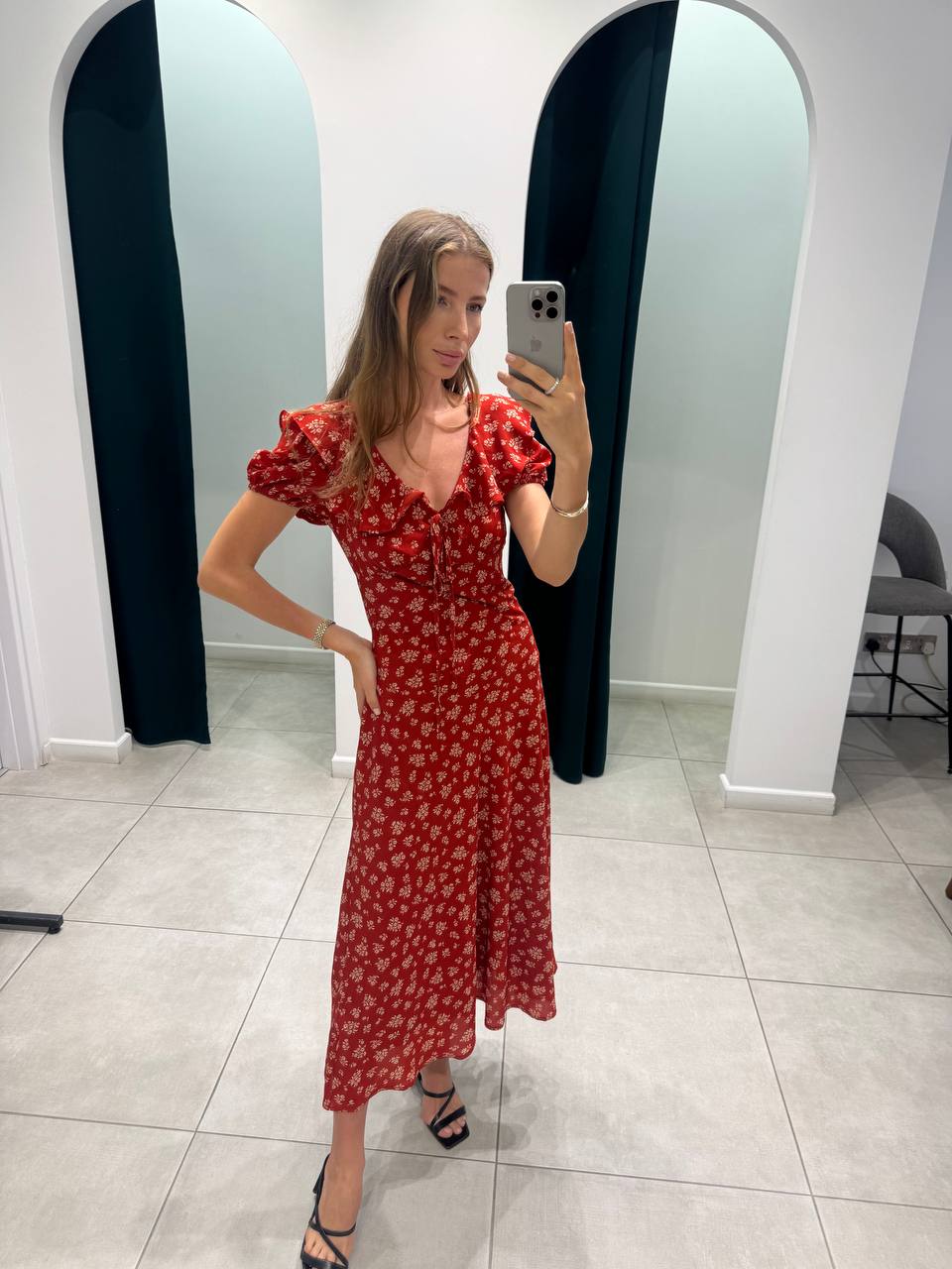 Red midi floral dress