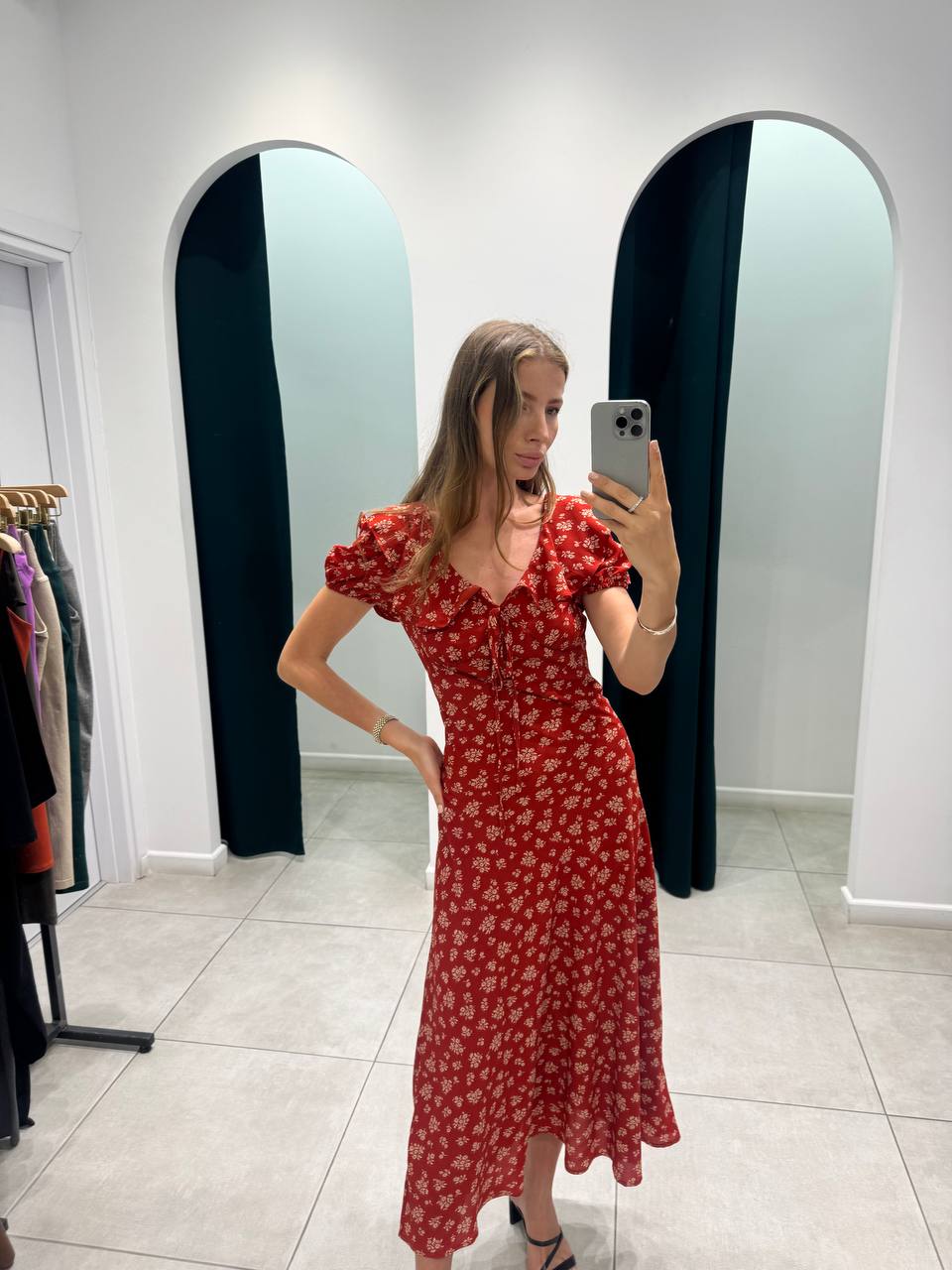 Red midi floral dress