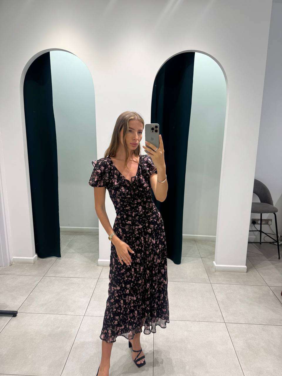 Black floral midi dress