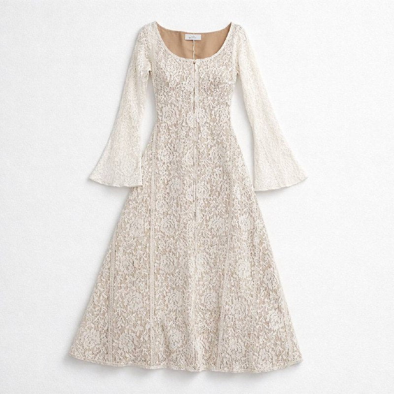 White long-sleeve lace midi dress