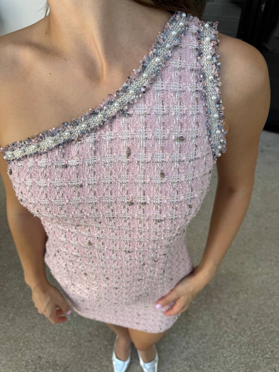One shoulder pink tweed dress