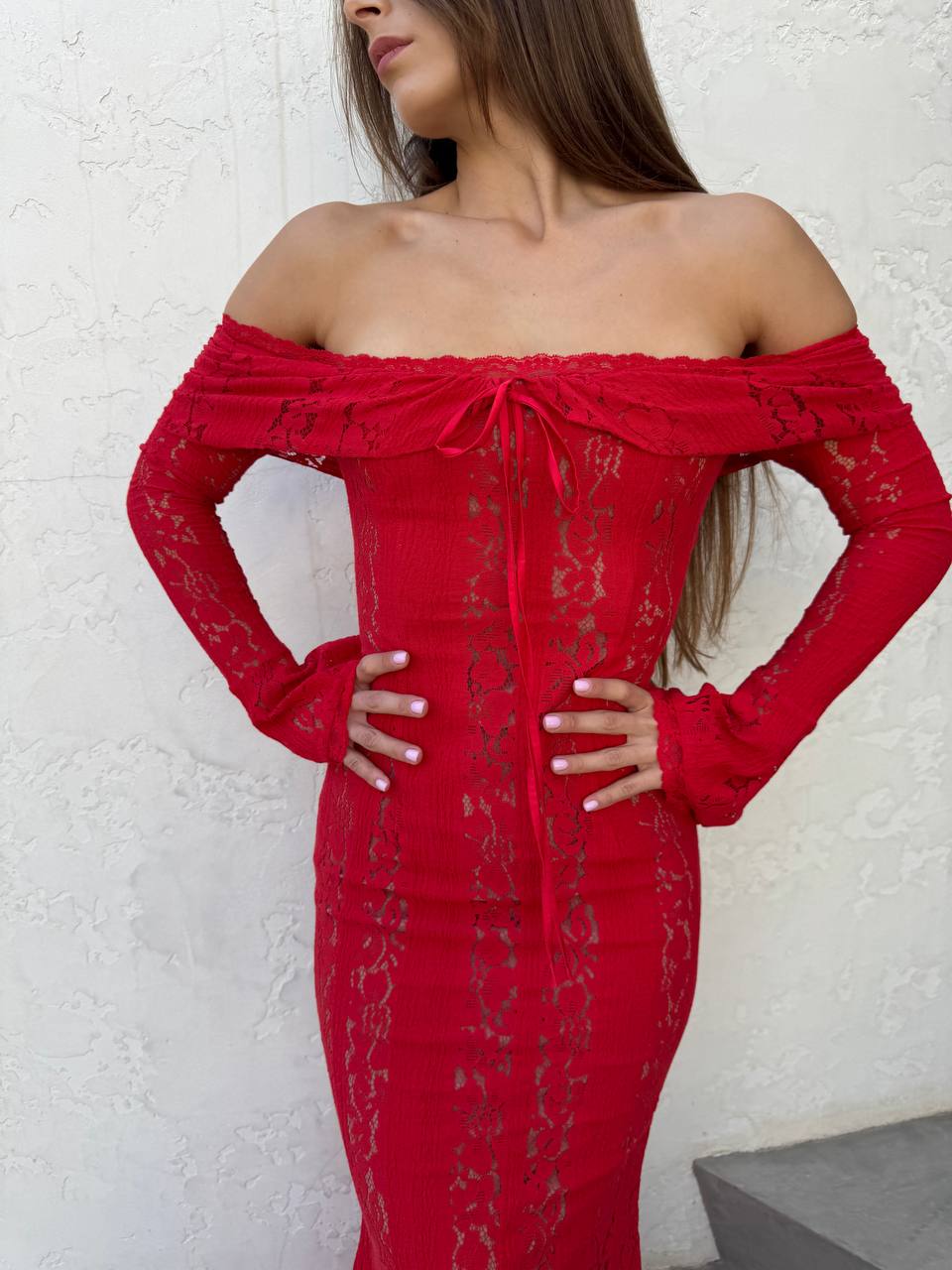 Off shoulder red lace maxi dress