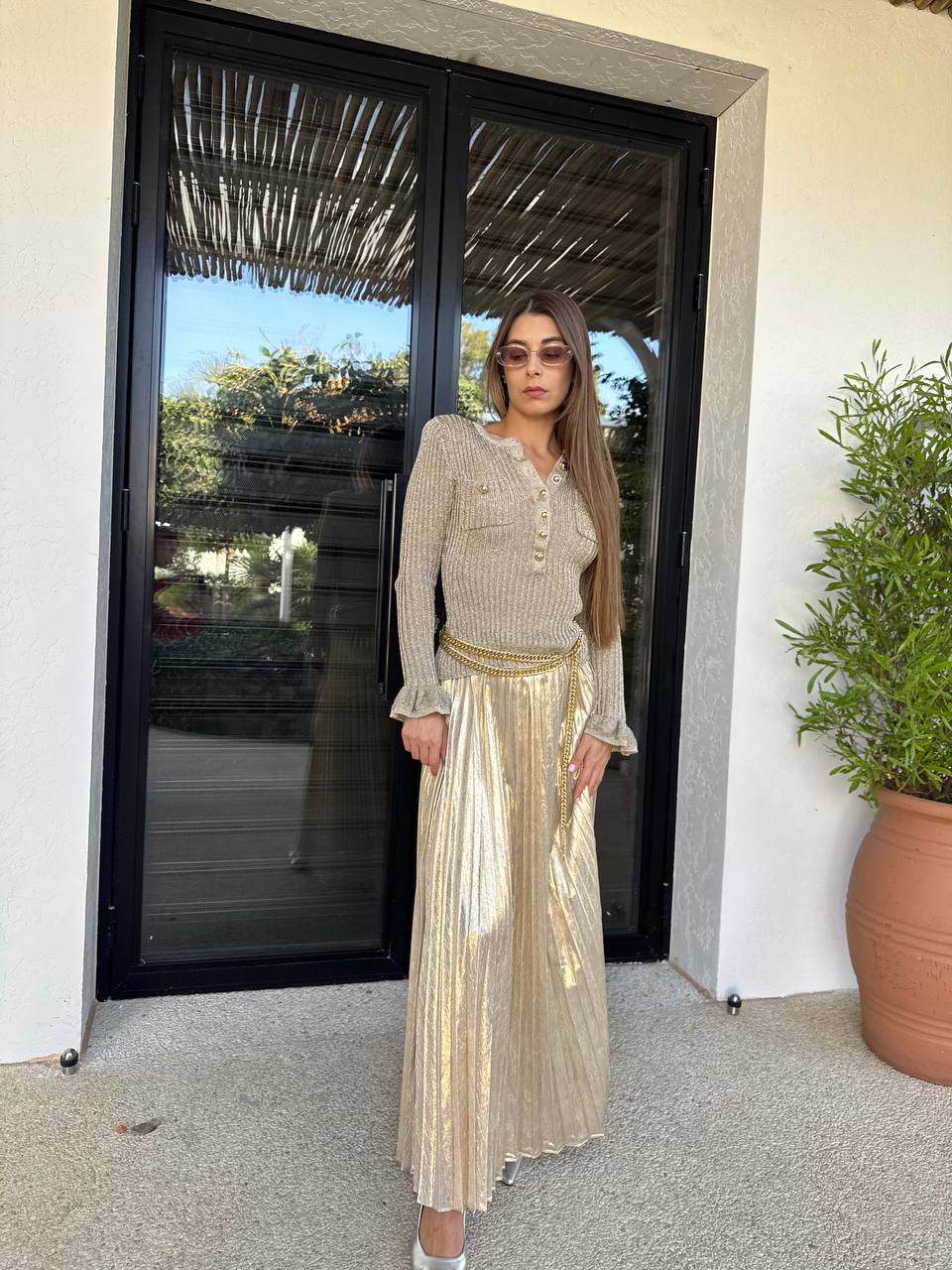 Gold metallic knit pleated dress