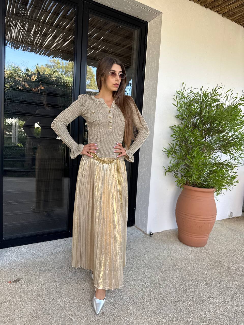 Gold metallic knit pleated dress