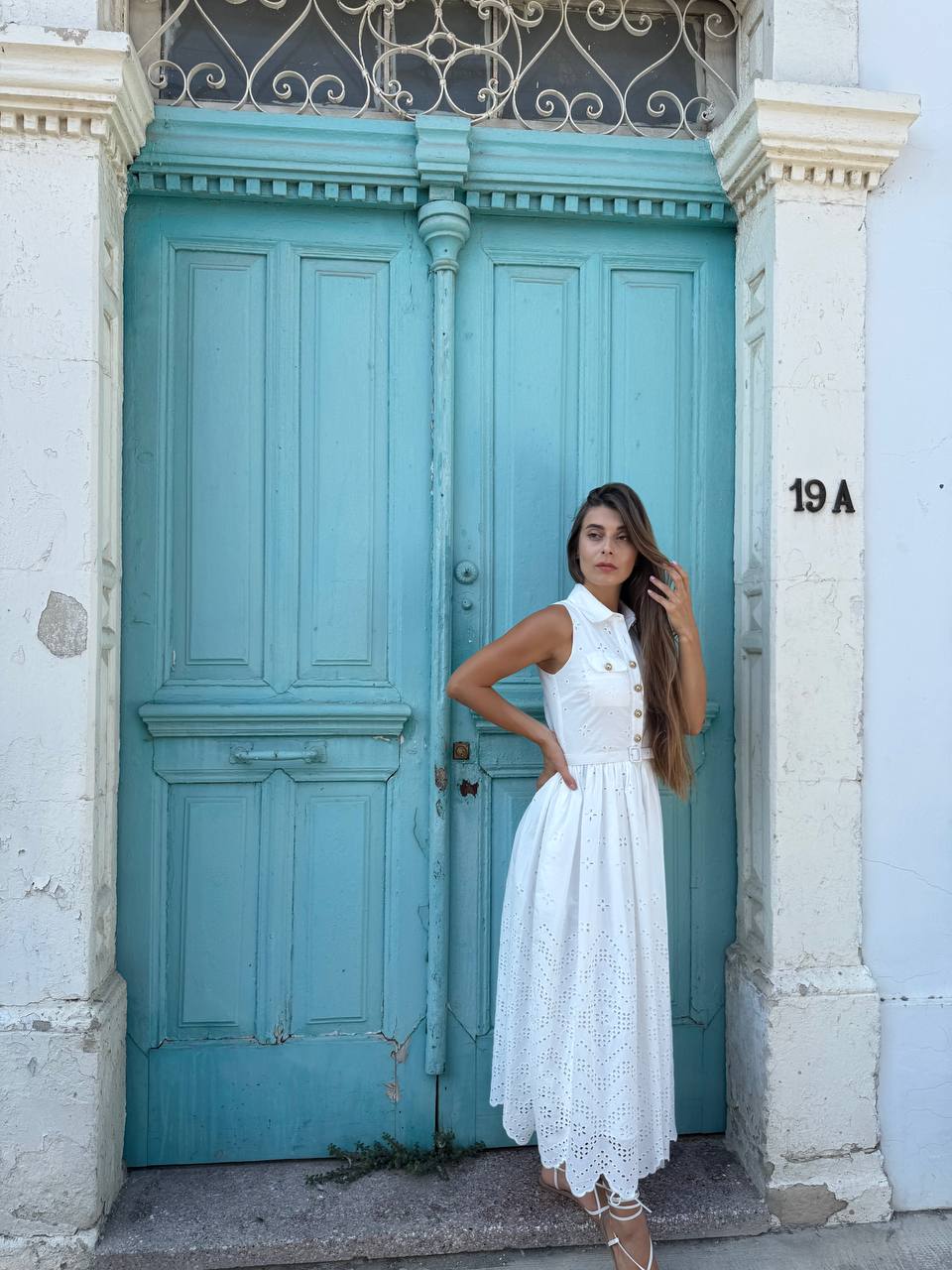 Sleeveless white cotton midi dress