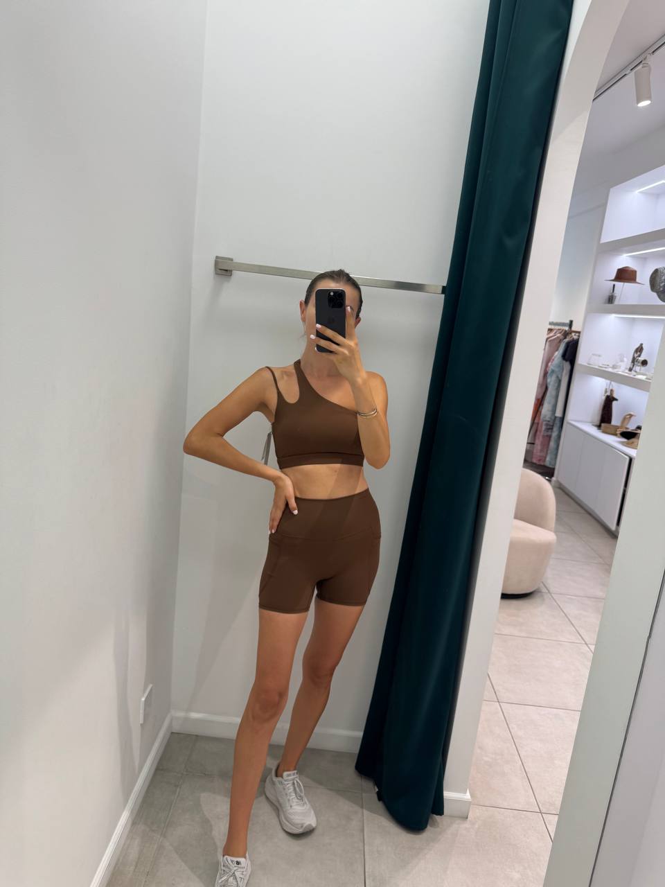 Brown one shoulder top with shorts
