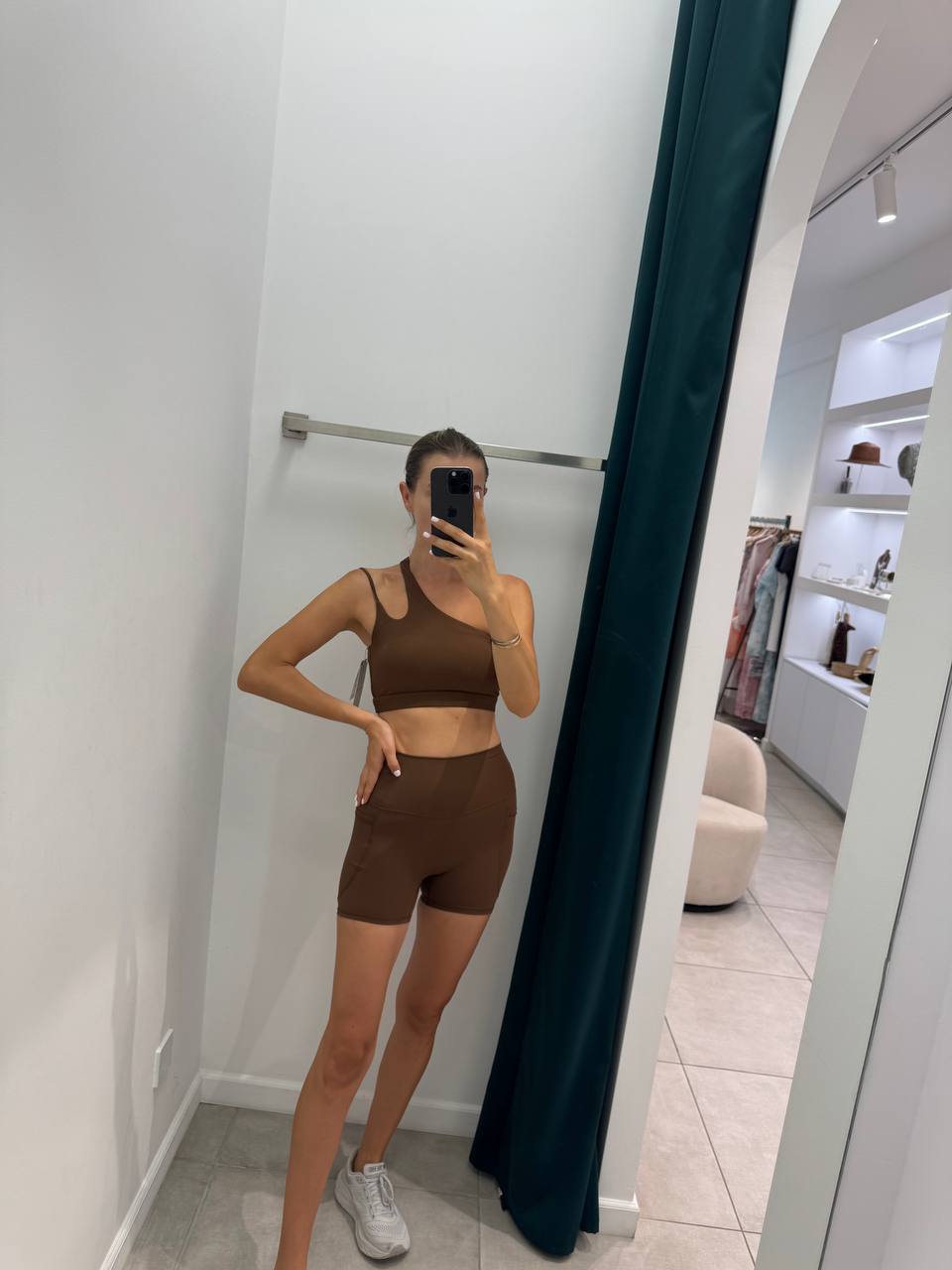 Brown one shoulder top with shorts