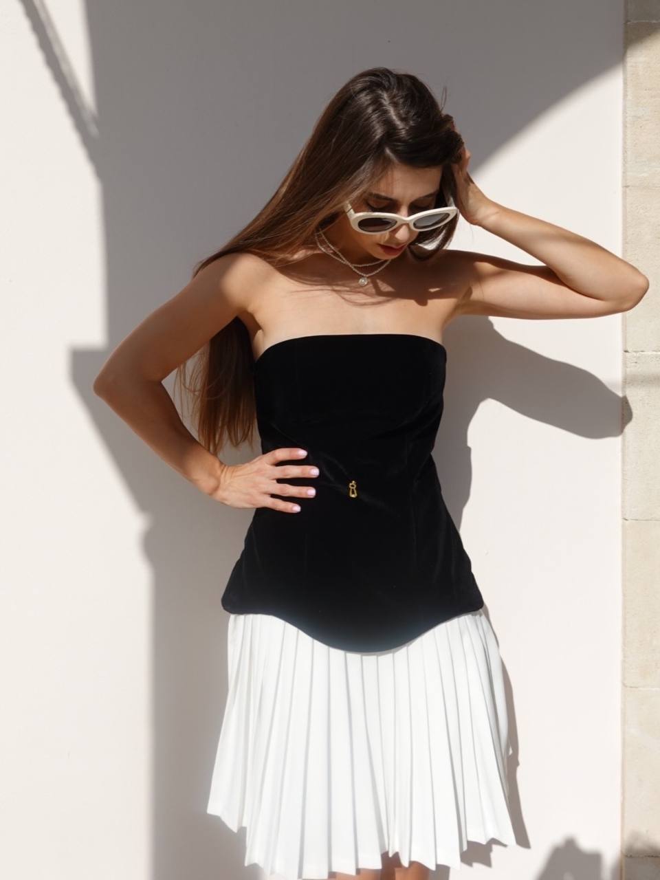 Black velvet strapless corset dress