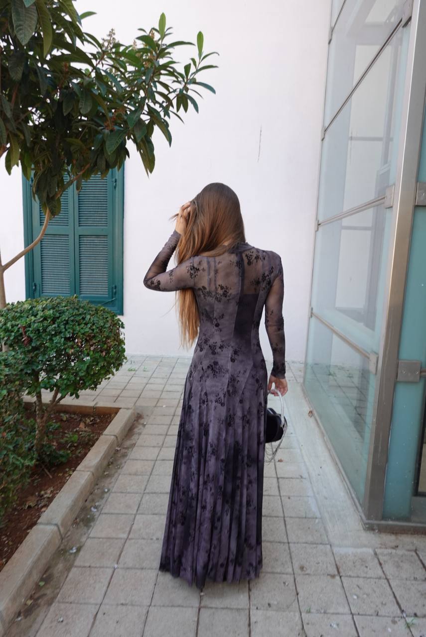 Long-sleeve sheer mesh maxi dress with a dark floral print
