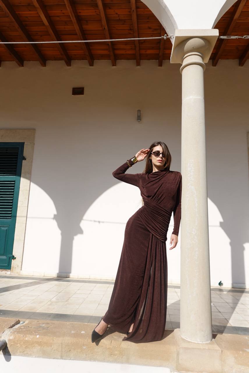 Chocolate maxi dress with elegant asymmetric rushing
