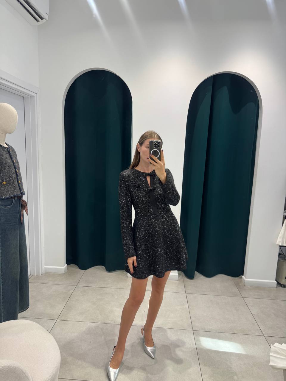 Bouclé mini dress with shimmering sequins