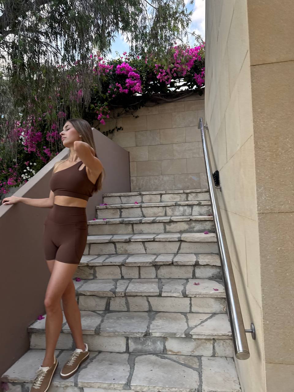 Brown one shoulder top with shorts