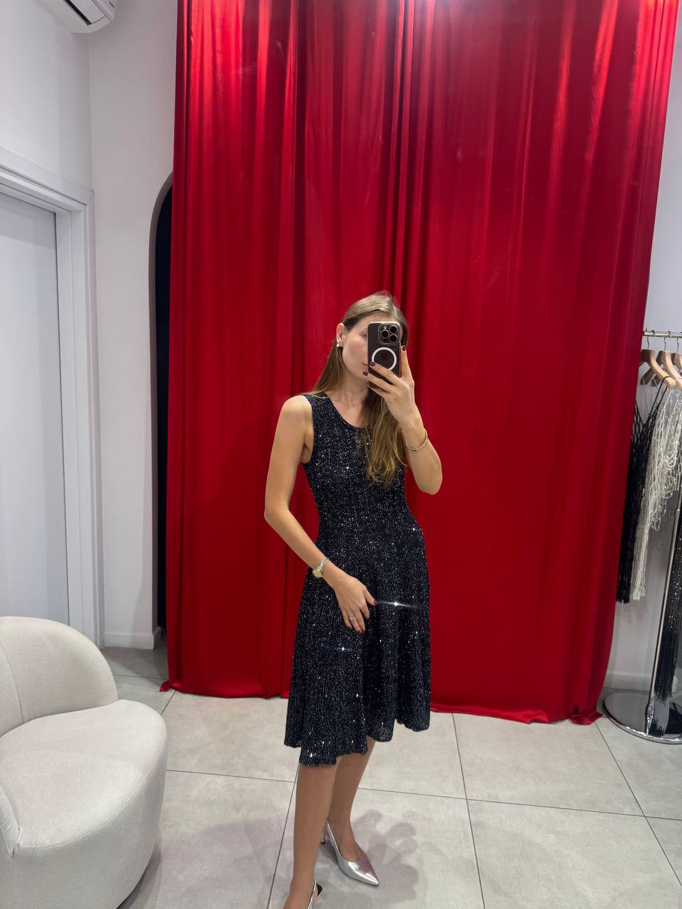 Navy blue sequined midi dress
