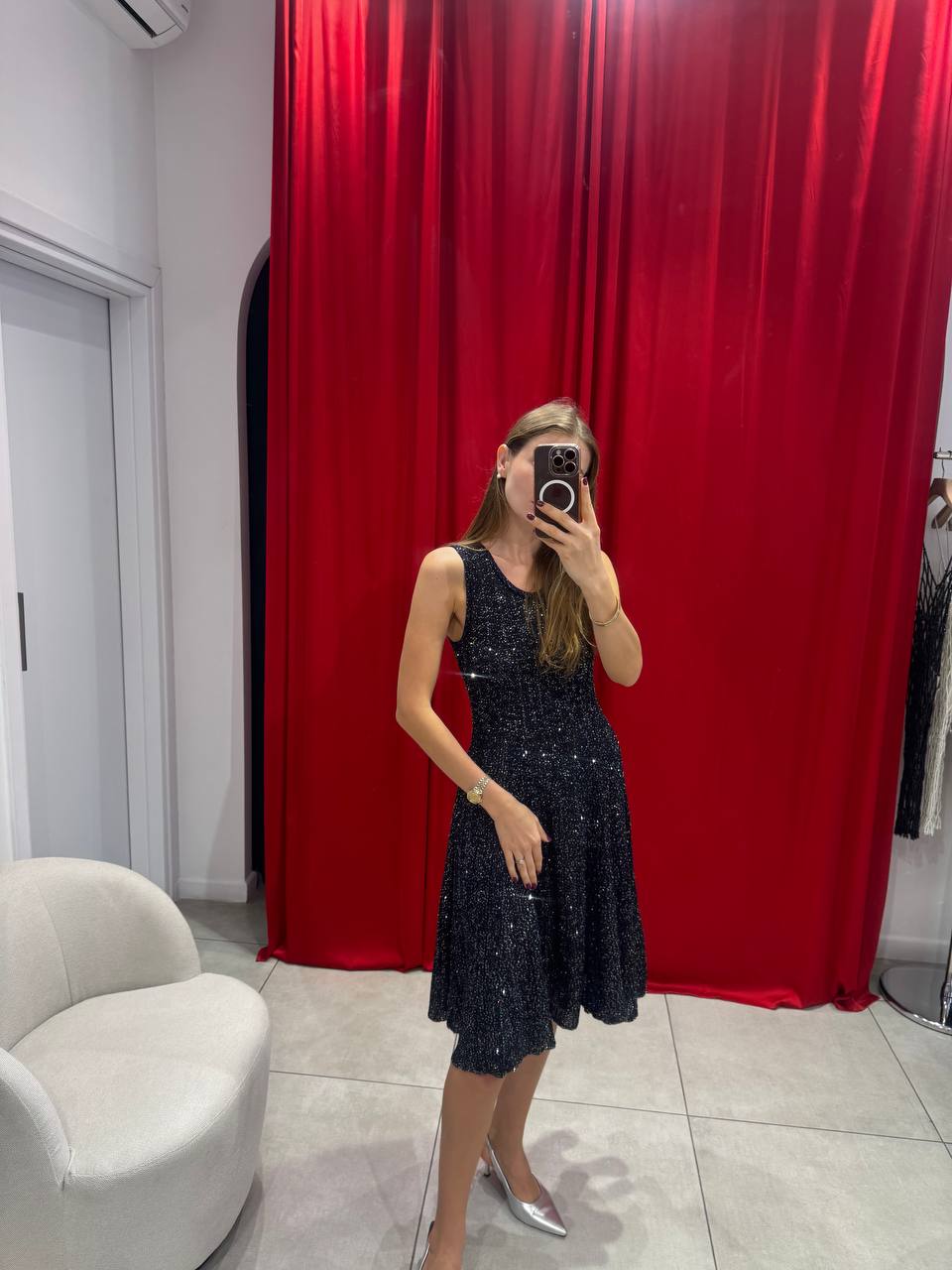 Navy blue sequined midi dress