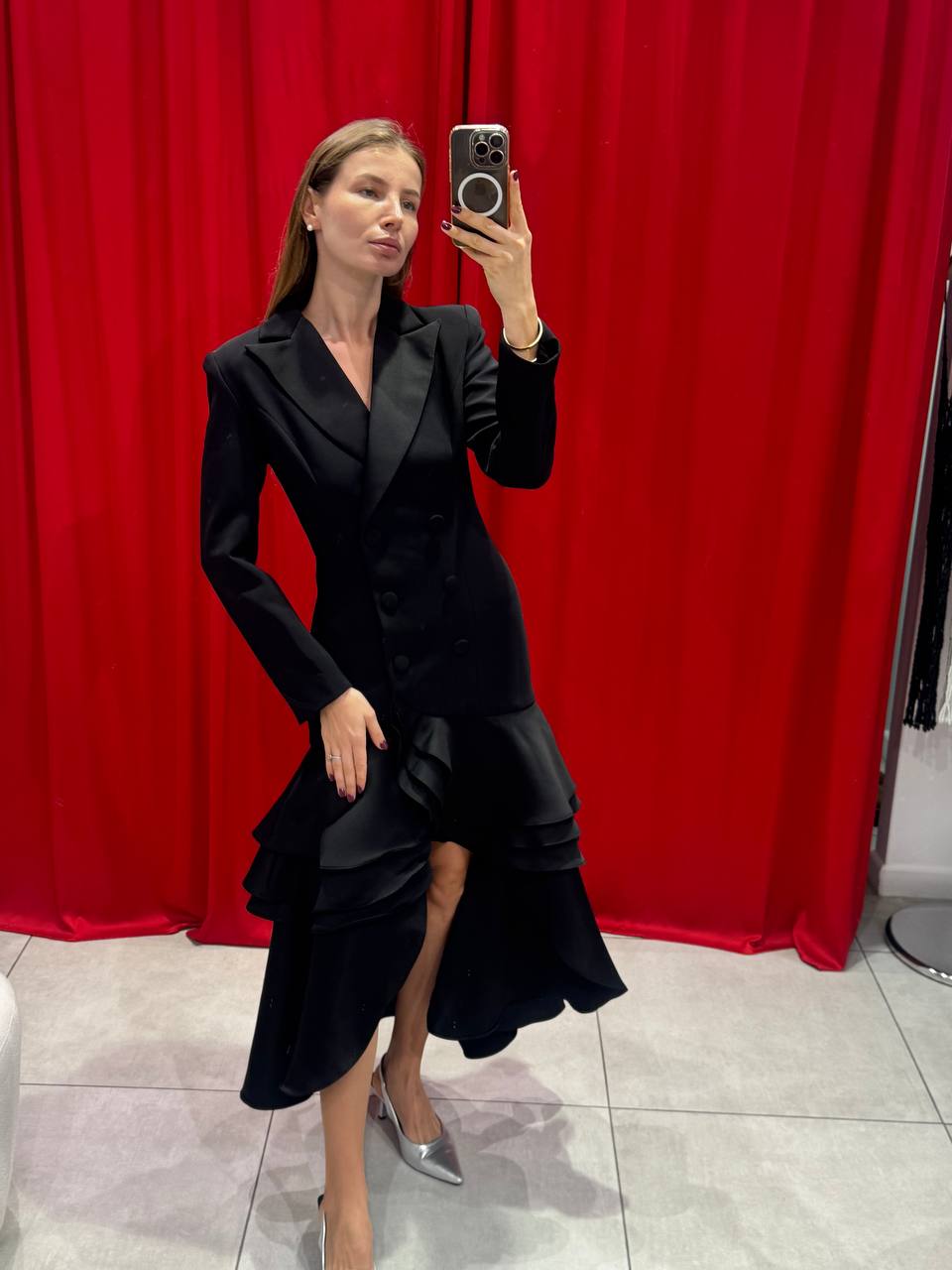 Black asymmetric ruffle-hem  dress