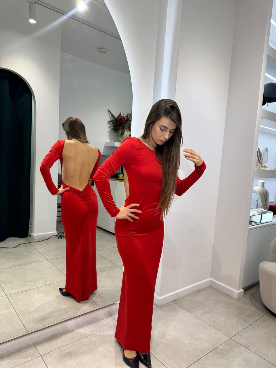 Backless red dress