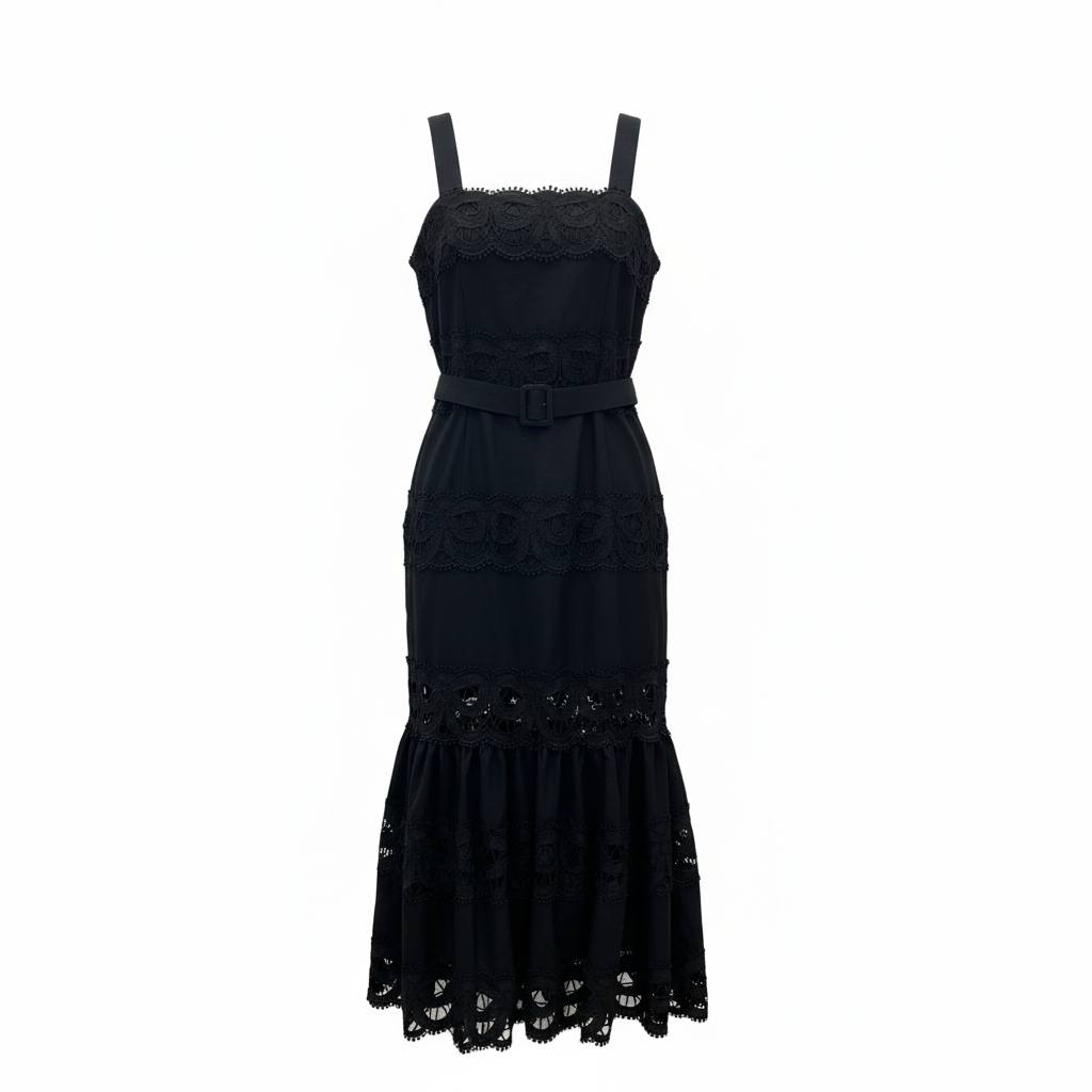 Lace-trimmed belted midi dress