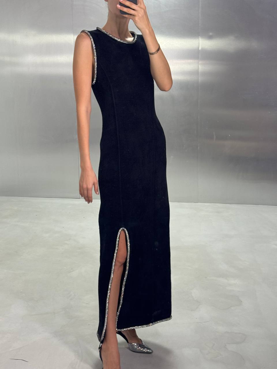 Black rhinestone-slit midi dress