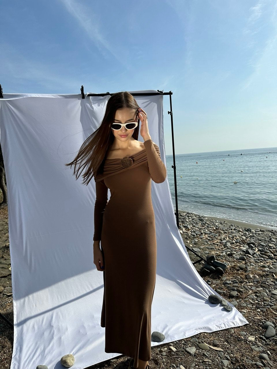 Off shoulder brown dress